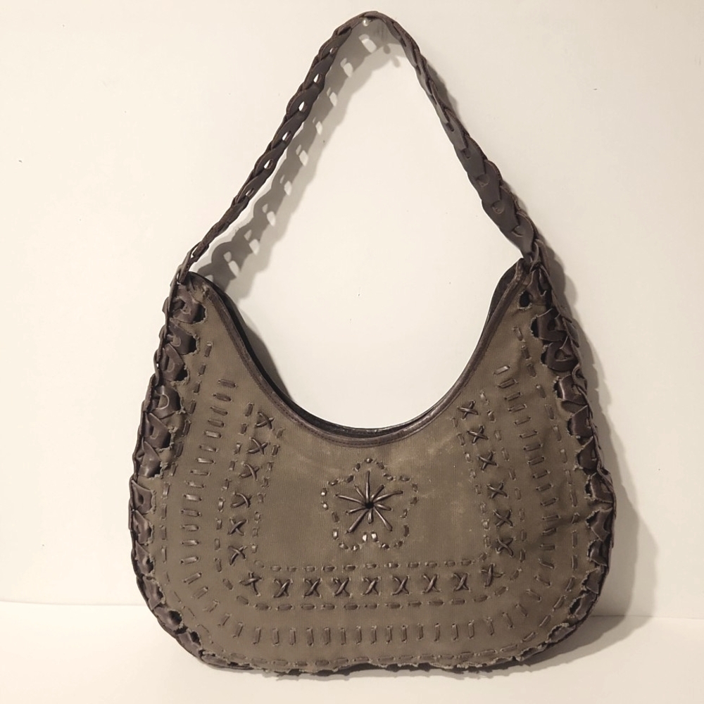 RARE! Cortefiel Canvas & Leather Hobo Shoulder Bag Sage Green & Brown